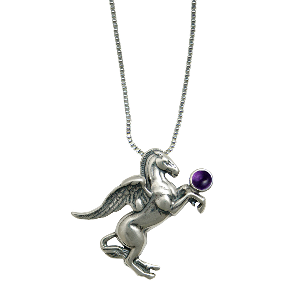Sterling Silver Greek Winged Horse Pegasus Pendant With Amethyst